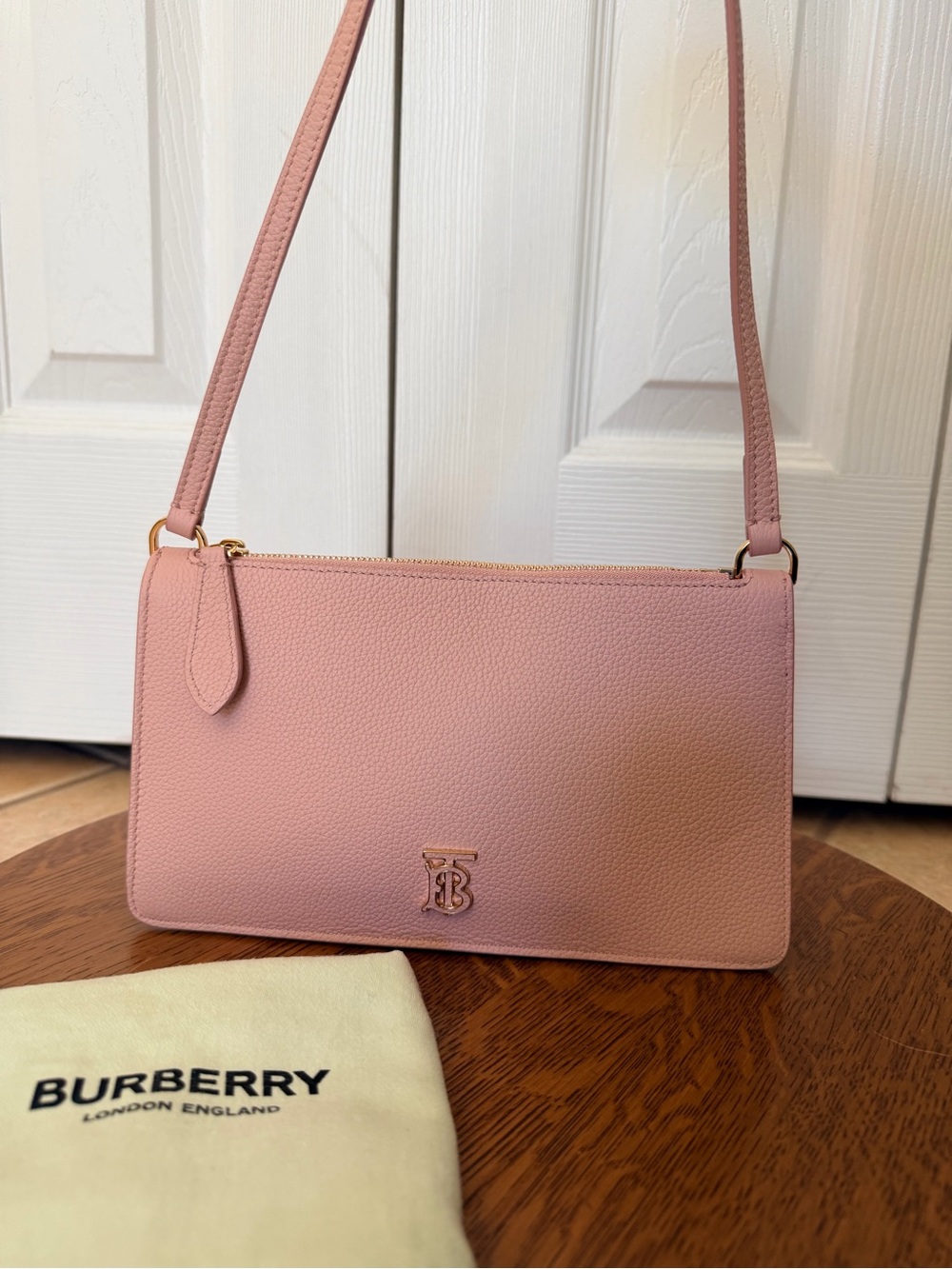 Burberry Dusty Pink Leather Shoulder Bag with TB Monogram